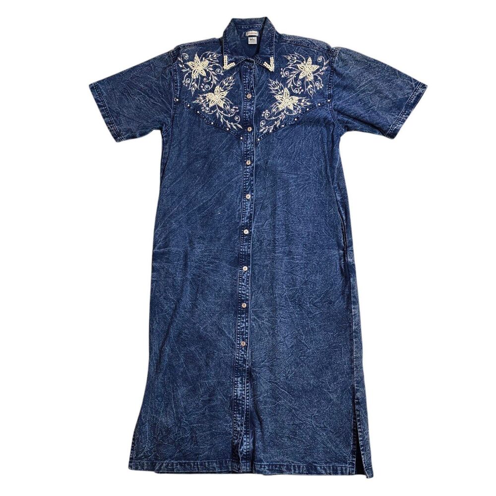 Long blue denim artsy beaded embroidered sequin pearls shirt dress. Small Rare